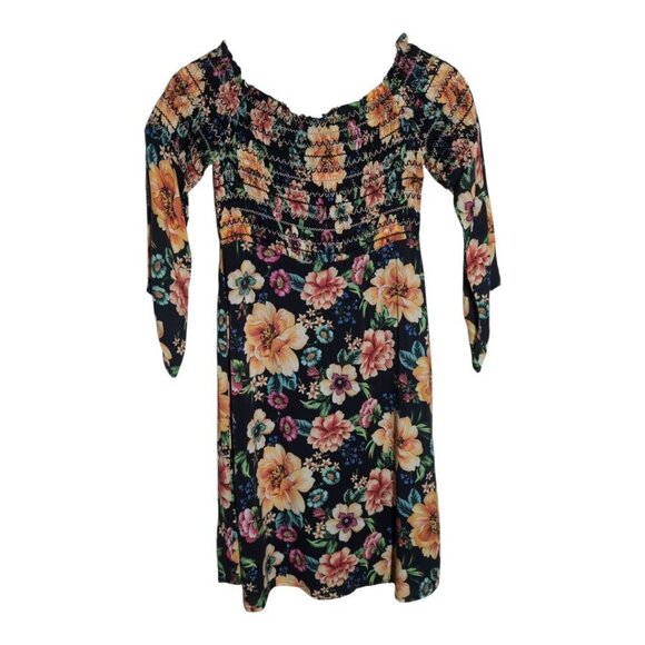 Farm Rio Dress Off-The-Shoulder Black Floral Smocked Flare Anthropologie XS - Picture 9 of 11